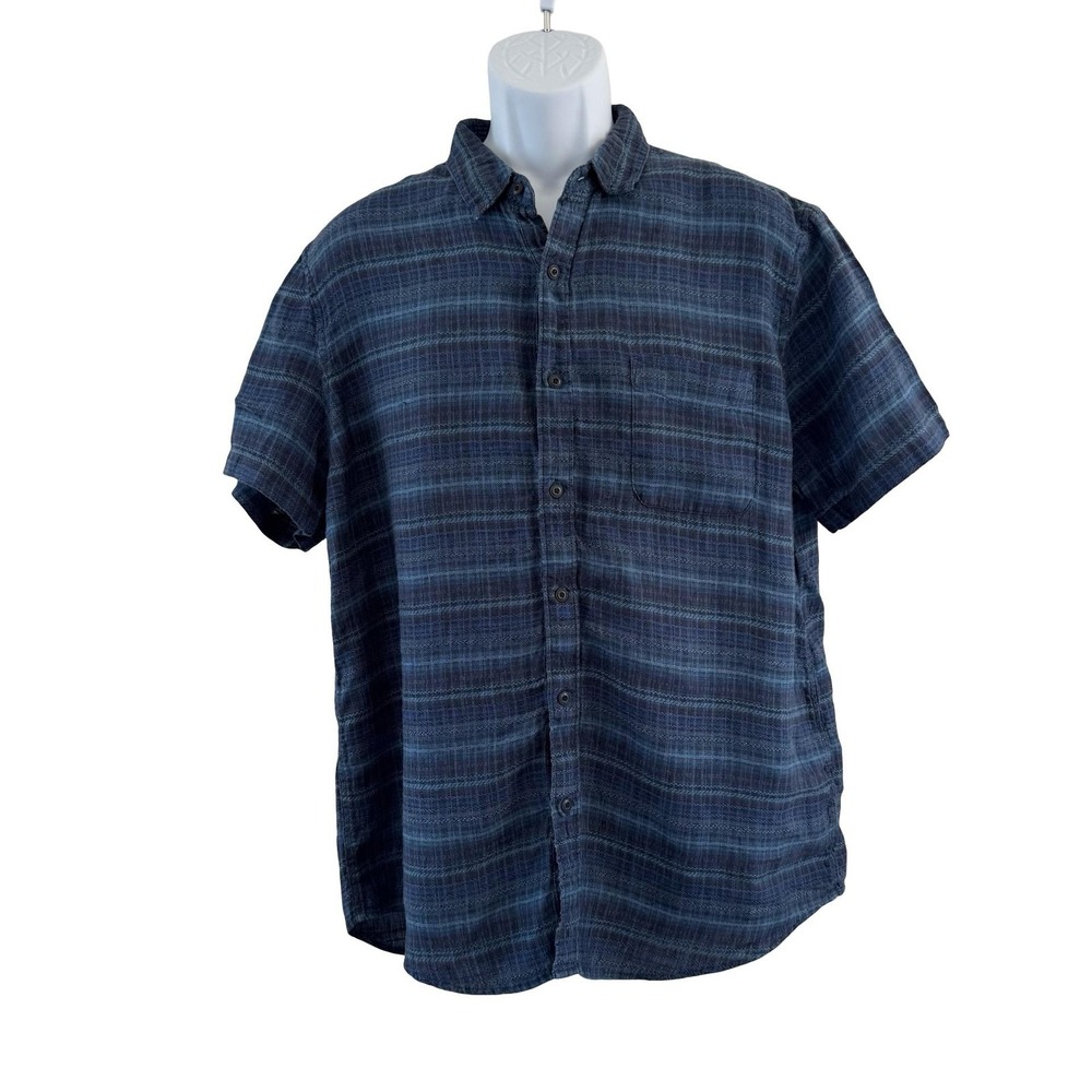 Lucky Brand Shirt Mens Large Blue Striped 100% Linen Short Sleeve Button Up Navy